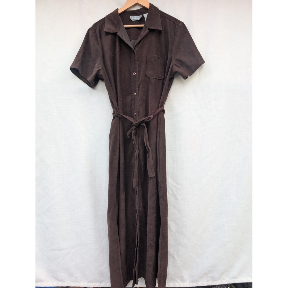 Jane Ashley Brown Faux Suede Short Sleeve Button Front Maxi Shirt Dress XL